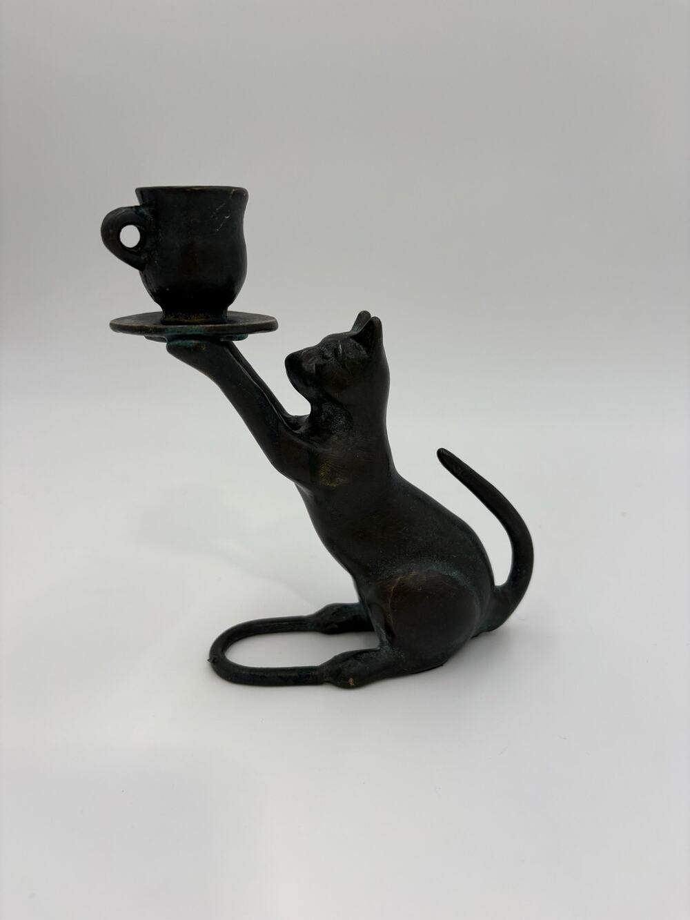 Vintage metal cat candle holder cat figurine holding cup tray patina
